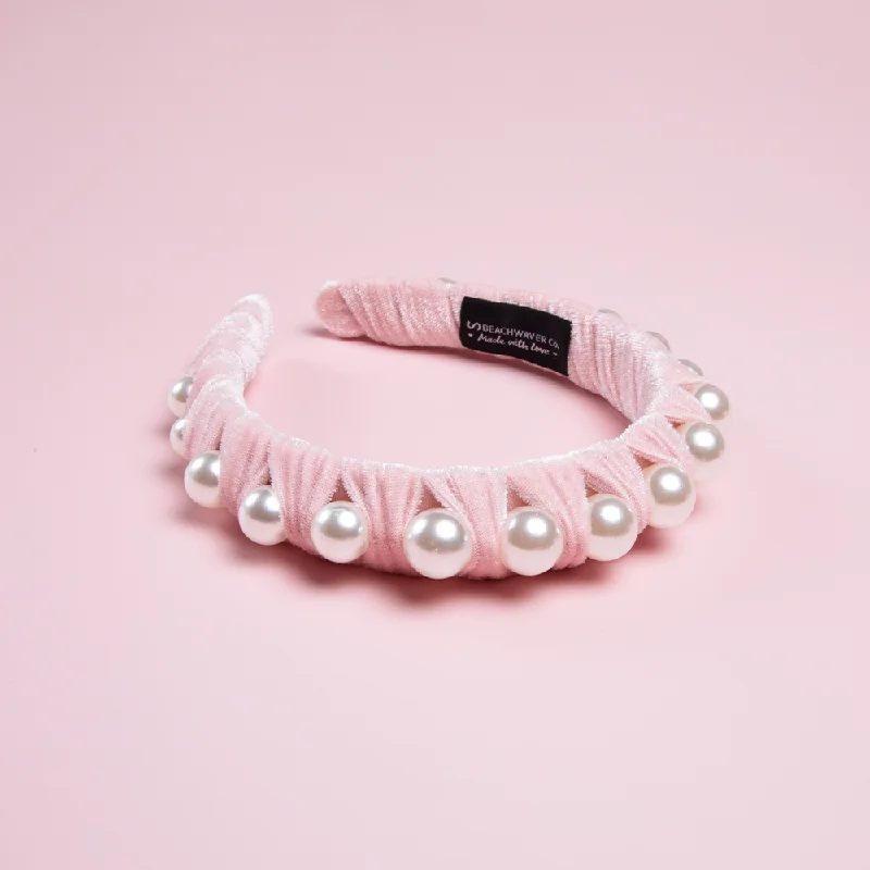 Faux Pearl Velvet Headband - Light Pink